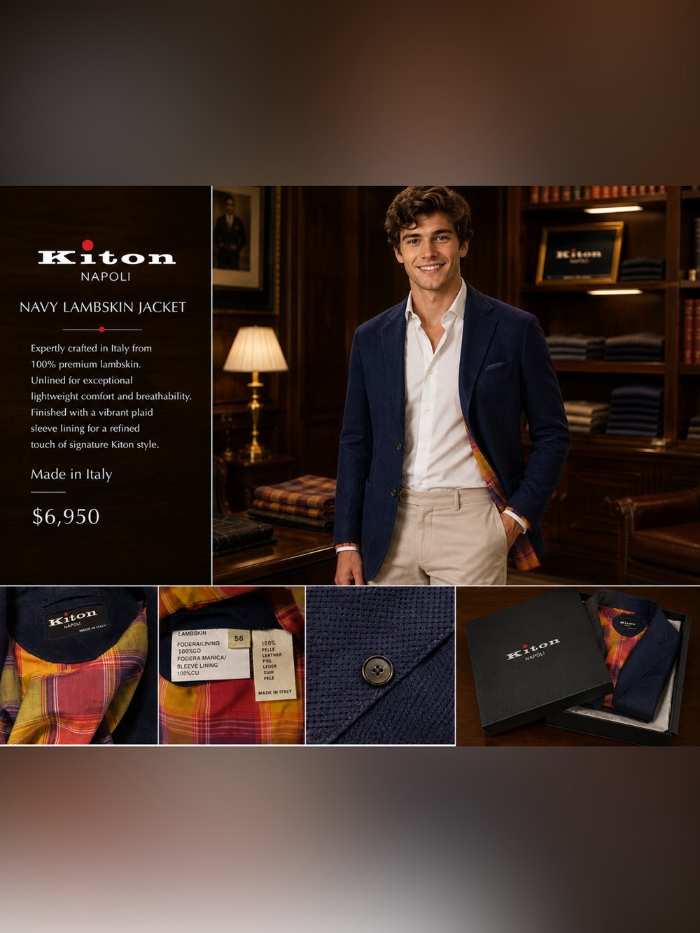 Kiton Neapolitan Blue Lightweight Lambskin Jacket with Plaid Cupro Lining
